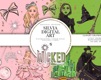 Wicked Clipart, Glinda, Elphaba, Magic wand, Shiz, Hand Drawn, Broom, Emerald City, Witch