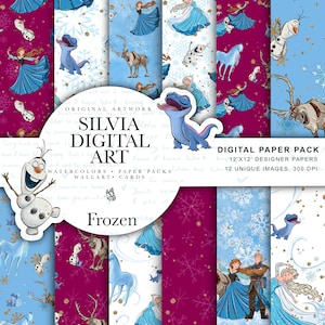 Op de afbeelding: Een digitaal papierpakket met ontwerpen geïnspireerd op de film "Frozen". Het pakket bevat 12 unieke ontwerppapieren van 30,5 x 30,5 cm met 300 DPI. Het artwork is van Silvia Digital Art. Het pakket bevat verschillende personages en elementen uit de film.