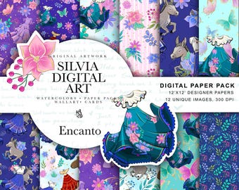 Encanto Digital Paper, Madrigal Family, Mirabel, Luisa, Isabela, Casita, Seamless Pattern, Kids Fabric