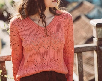 Cotton Summer V-Neck Lace Sweater Knitting Pattern Sizes 38–46 (German English PDF Download)