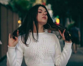 Elegant Cotton Lace Sweater Knitting Pattern Sizes 36-46 (German English PDF Download)