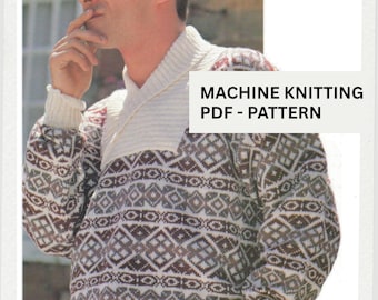 Fair Isle Pullover mit Schalkragen Maschinenstrickmuster: (PDF) + Bonus Stiche