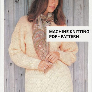 May include: A woman in a light peach knitted sweater and patterned scarf. The sweater has a textured knit design. The image includes the text "MACHINE KNITTING PDF - PATTERN".