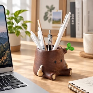 Wooden Tree Stump Pen Holder Cute Desk Organizer Kawaii Planter Office Decor Gift