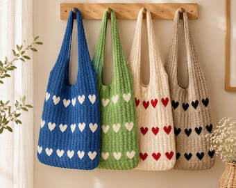 Heart Knit Tote Bag, Crochet Shoulder Bag with Heart Pattern, Soft Boho Market Bag, Cute Gift for Women