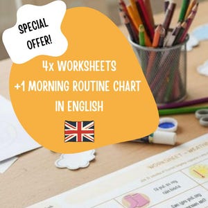 Könnte beinhalten: Ein Kind malt mit einem lila Buntstift auf einem Arbeitsblatt. Das Arbeitsblatt ist Teil eines Sets von Lernmaterialien, einschließlich einer Morgenroutine-Tabelle. Das Bild enthält den Text "4x Worksheets +1 Morning Routine Chart in English".