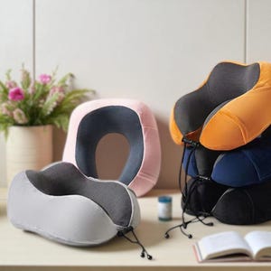 Memory Foam Neck Pillow for Travel Plane Car – Adjustable U Shaped Head Support in Blue Black | Holiday Gift for Frequent Flyers, Birthday