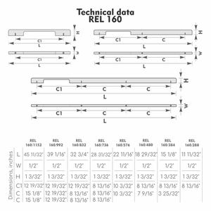 May include: Diagram with technical data labeled "REL 160". The diagram shows several rectangular shapes with measurements in inches. The dimensions include length (L), width (W), and height (H), with various C and C1 measurements.