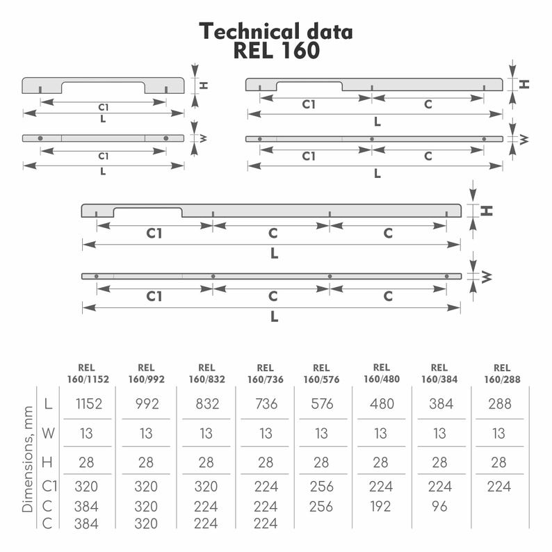 May include: Technical data diagram for REL 160. The image shows several rectangular shapes with dimensions in millimeters. The diagram includes measurements for length (L), width (W), height (H), and other dimensions labeled C1 and C.