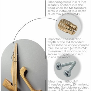 May include: Mounting instructions graphic with wooden handles, brass inserts, and screws. Text details the installation process, including screw depth of 7-9 mm (9/32"-23/64") and M4 threaded screws, 25 mm long, for cabinet fronts 18-19 mm thick. The "MY WOOD" logo is visible.