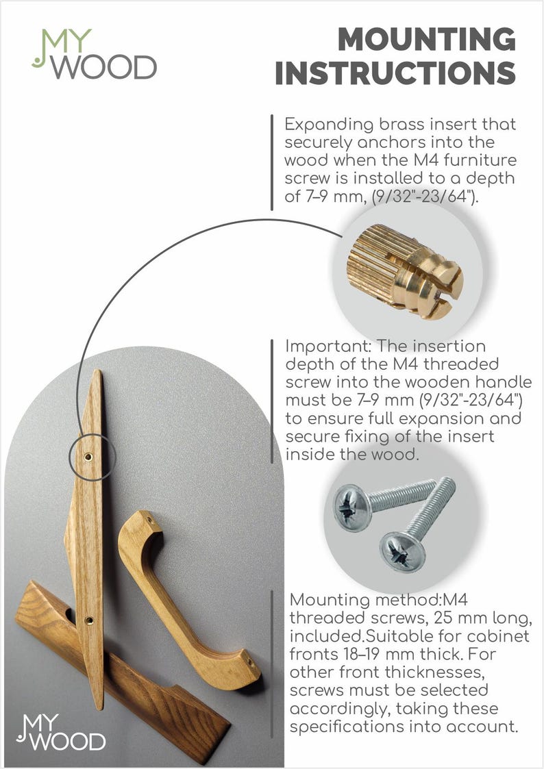 May include: Mounting instructions graphic with wooden handles, brass inserts, and screws. Text details the installation process, including screw depth of 7-9 mm (9/32"-23/64") and M4 threaded screws, 25 mm long, for cabinet fronts 18-19 mm thick. The "MY WOOD" logo is visible.