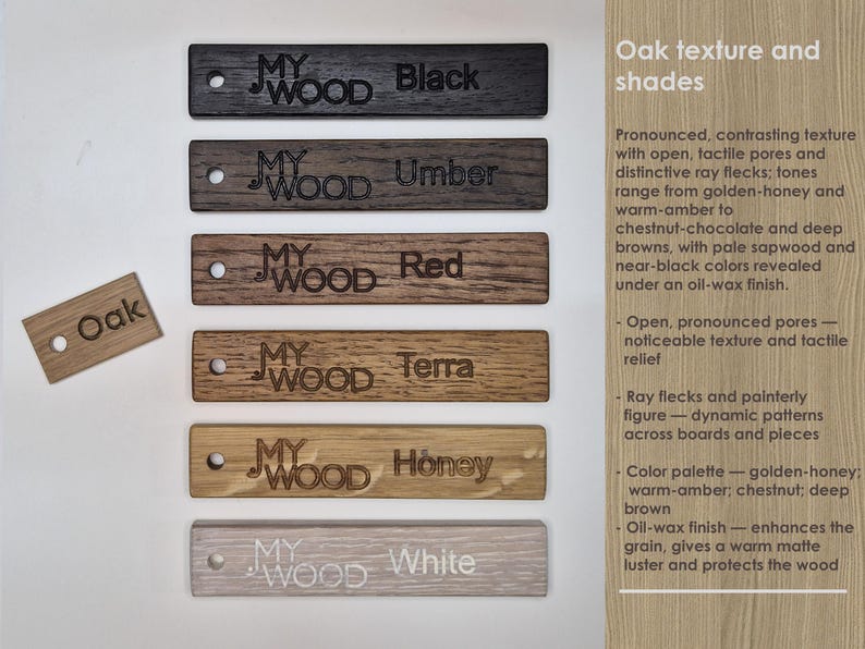 May include: A display of wooden samples in various colors, including black, umber, red, terra, honey, and white. Each sample is labeled with the color name and the "MY WOOD" logo. A small "Oak" sample is also present.