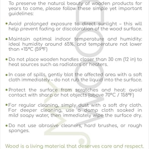 May include: White informational card with green bullet points and text titled "Care Instructions for Wooden Elements." The card provides guidelines for preserving wooden products, including avoiding sunlight, maintaining humidity, and cleaning methods.