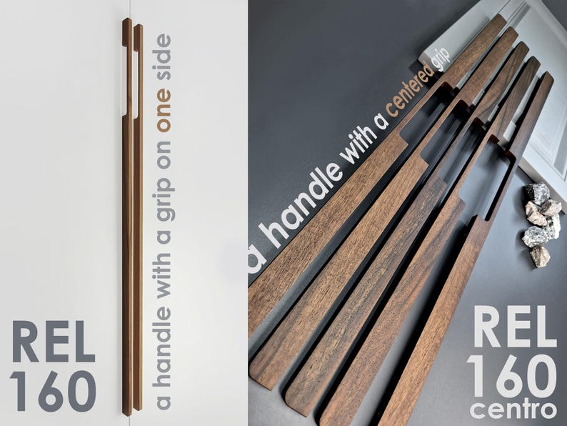 May include: Wooden door handles with a grip on one side and a centered grip. The handles are a warm brown color and have a modern design. The text "REL 160" and "REL 160 centro" is visible.