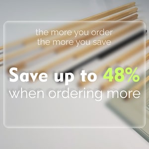 May include: Image features wooden frame pieces and glass panels. Text overlay states "Save up to 48% when ordering more". The image suggests a product with quantity discounts.