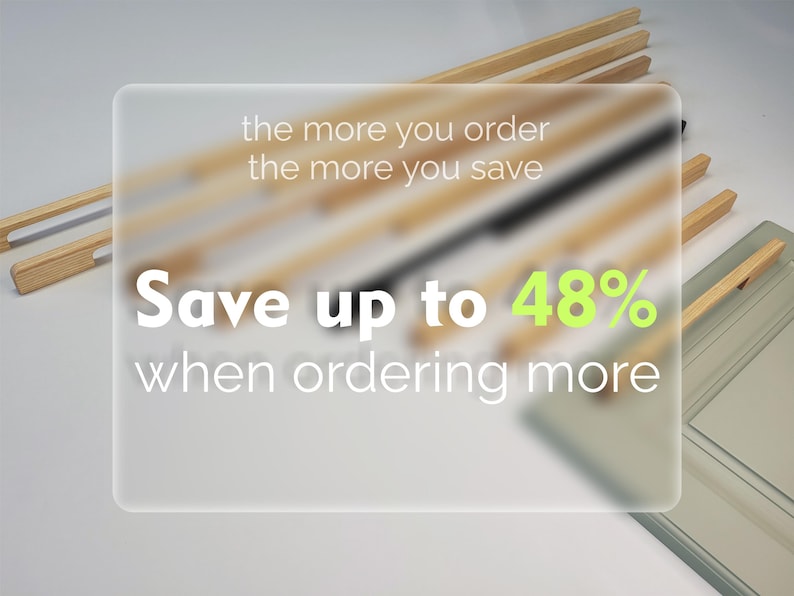May include: Image features wooden frame pieces and glass panels. Text overlay states "Save up to 48% when ordering more". The image suggests a product with quantity discounts.