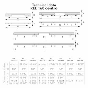 May include: Technical data diagram for REL 160 centro. The diagram shows several rectangular shapes with measurements in inches. The dimensions include length (L), width (W), height (H), and distances labeled C and C1.