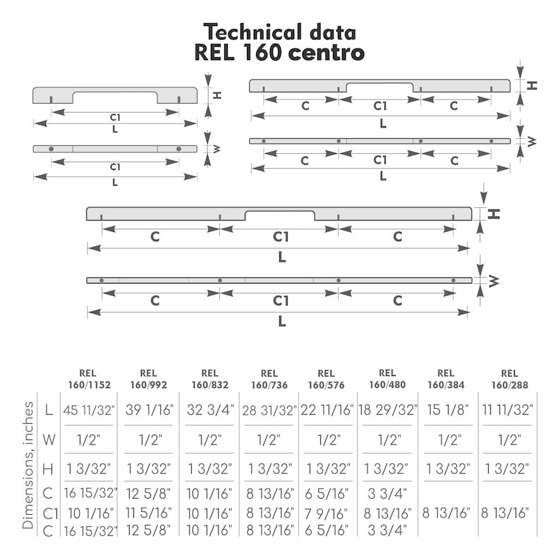 May include: Technical data diagram for REL 160 centro. The diagram shows several rectangular shapes with measurements in inches. The dimensions include length (L), width (W), height (H), and distances labeled C and C1.