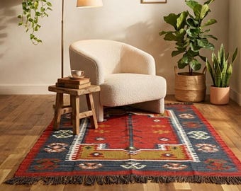 Traditional Oriental Kilim Rug,5x8 Kilim Rug, Handmade Indian Traditional Wool Jute Rug, Custom Size Rug, Kilim Dhurrie