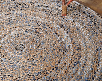 Natural Indian Handmade Denim Jute Cotton Round Chindi Rug Multicolour Decor Rug, Circle Area Rug Entryway Cotton Rug For Home Decor Kitchen