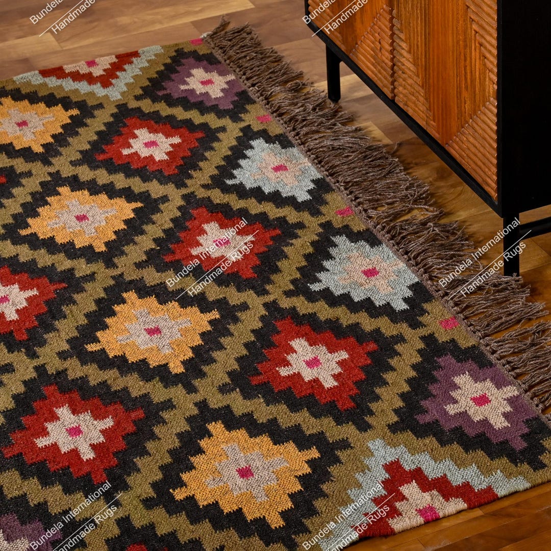 Handwoven Wool Jute Kilim Rug: Southwestern Boho Tribal Design - Etsy