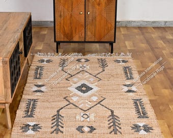 Handmade Ivory Jute Rug 9x12: Natural Fibre Woven Area Rug, Handwoven Cotton Jute Rug | Area Rug for Living Room Cotton decorative runner,