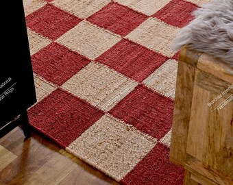 Handmade red and Natural Hemp Jute Rugs: Extra Large Jute Rugs red Jute Rugs- checkerboard jute Rug, Large Area Hemp Rug For Hallway Rug