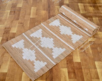 Tapete listrado feito à mão em cânhamo tufado, tapete passadeira de cânhamo e juta, tapete tecido à mão, tapete grande boho vintage para decoração, tapete de cânhamo e juta.