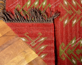 Handwoven Wool Jute Kilim Rug, Boho Flatweave Area Rug, Indian Dhurrie Rug, Tribal Wool Jute Carpet, Handmade Custom Rug, Runner Rug