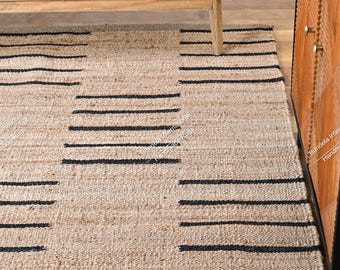 9x12 Handmade Natural With Black Hemp Jute Rungs-Extra Large Jute Rugs Black Jute Rugs-Stripes jute Rug, Large Area Hemp Rug For Hallway Rug
