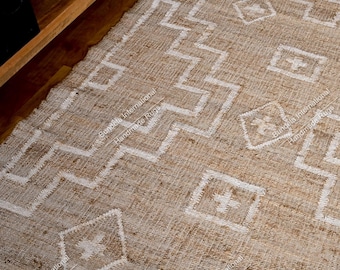 Handwoven Natural Geometrical Jute Rug | Neutral, Cream and Black Flat Weave Dhurrie | Modern Farmhouse Eco-Friendly Area Carpet