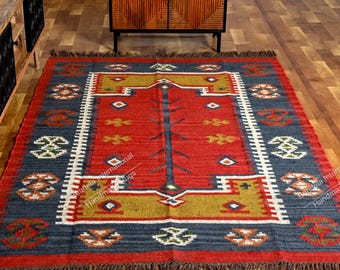 Kilim rug, Handwoven Wool Jute kilim Rug, Bohemian Indian Jute Rug, Southwestern Nordic Kilim Rug, Rustic Jute Rug, Custom Size Rug
