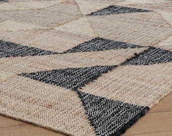 Natural Cotton Jute Rug with Modern Black Boho Home Décor Rugs Geometric Pattern Flat weave Boho Rug, Custom size Available