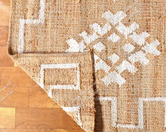 Handwoven Jute Cotton Rug: Bohemian Vintage Décor Natural Fiber Handmade Ivory 9x12 Area carpet, Handloom large floor runner