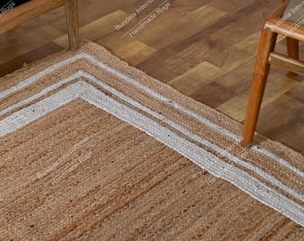 Handmade Geometric jute rug : Rectangular Braided jute carpets for kitchen, 8 x 10 ft Custom size available, Modern home decor jute mat