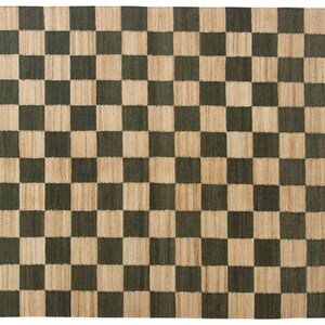 May include: A rectangular rug with a checkerboard pattern. The design features alternating squares of dark green and natural beige. The rug is made of a woven material, likely jute or a similar fiber, and is suitable for indoor use.