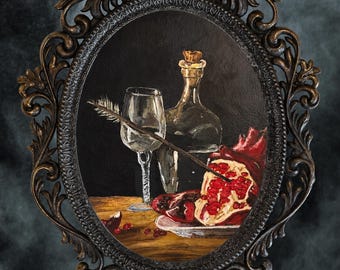 Gothic Pomegranate Still Life Art: Dark Academia Wine Painting