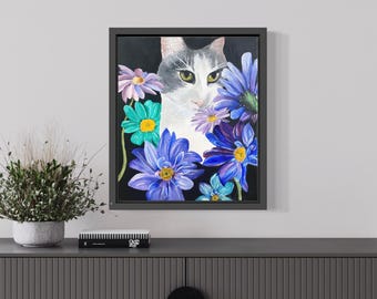 Cat & Floral Acrylic Painting on Canvas – 24” x 30” Original Artwork