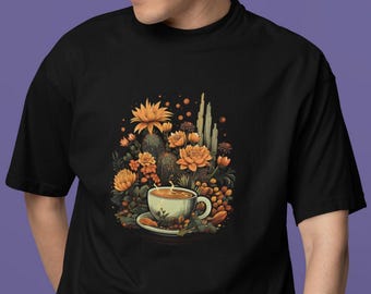 Black T-Shirt Featuring a Cup of Coffee in Flowers – Cute, Artistic, and Cozy Graphic Tee Perfect for Everyday Wear