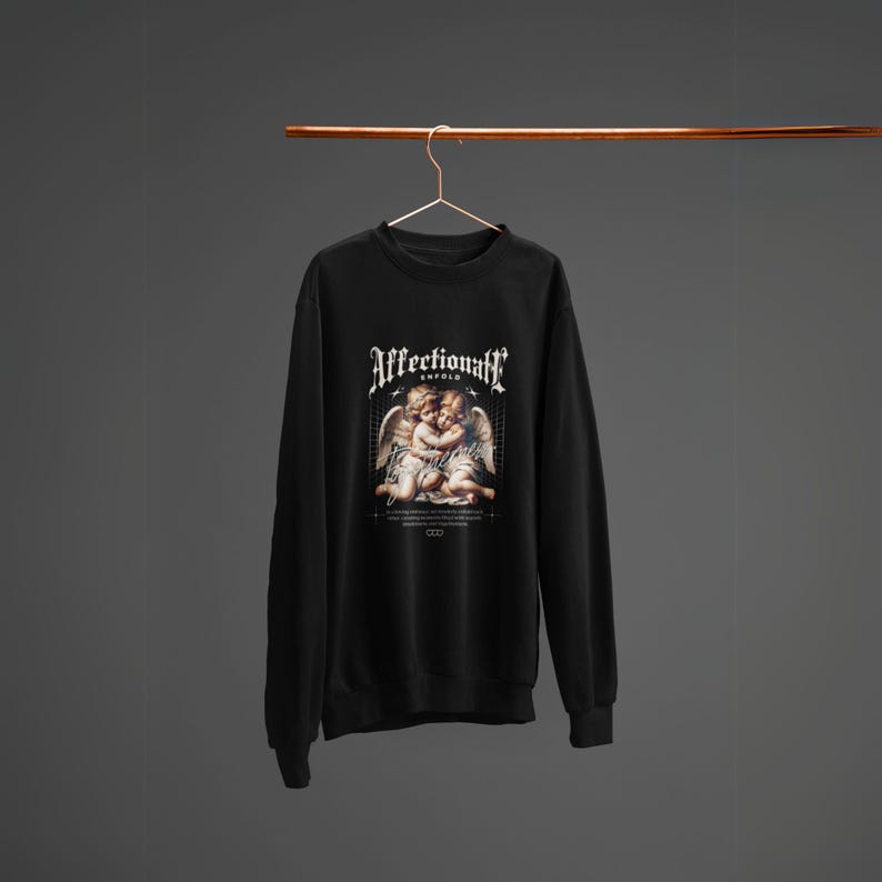 Affectionate Black Sweatshirt Featuring Two Hugging Baby Angels  Cute, Heartwarming Design Perfect for Unisex Everyday Wear