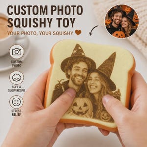 May include: A custom squishy toy shaped like a slice of bread, featuring a printed photograph of a person wearing a wizard hat and another person wearing a witch hat, both holding a jack-o'-lantern. The text reads CUSTOM PHOTO SQUISHY TOY.