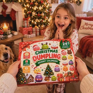 May include: A Christmas Dumpling advent calendar box featuring colourful illustrations of small, smiling dumpling characters wearing holiday accessories, a decorated Christmas tree, and gift boxes, with the text 24 Holiday Surprises.