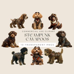 May include: A collection of steampunk-themed Cavapoo dog illustrations. Each dog is adorned with goggles, vests, and other Victorian-era inspired accessories. The image includes the text "Steampunk Cavapoos" and "13 Transparent PNGs."