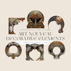 Clipart med dekorativa element i jugendstil | Digitala efemera i vintagestil för digitala konstkompositioner, scrapbooking och dagböcker