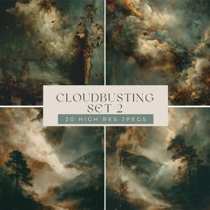 May include: A set of four digital art prints featuring dramatic cloud formations and landscapes in muted tones of teal, brown, and cream. The text "CLOUDBUSTING SET 2" is displayed with "20 HIGH RES JPEGS" below it.