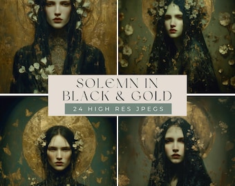 24 Black & Gold Gothic Portraits | Junk Journal Ephemera | Pre-Raphaelite Digital Collage Sheets | Dark Academia Aesthetic