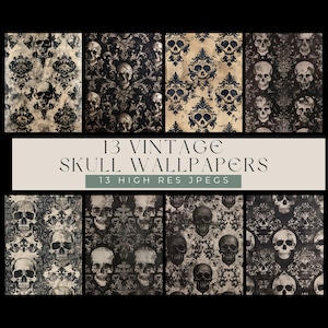 Può includere: Una collezione di 13 sfondi vintage con teschi. I design presentano motivi di teschi e damascati in tonalità nere, bianche e blu. Il testo "13 Vintage Skull Wallpapers" e "13 High Res JPEGs" è visualizzato.