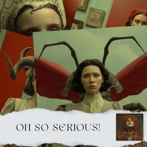 May include: A digital artwork depicting a woman with large, insect-like wings and a stern expression. The image includes the text "OH SO SERIOUS!" and a smaller image with the words "MIRACLE MACABRE". The colour scheme features red, green, and beige tones.