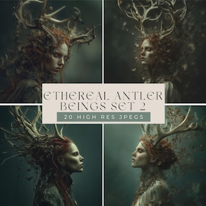 Puede incluir: Impresión de arte digital con cuatro retratos de seres etéreos con tocados en forma de cuernos y cabello suelto. El texto "ETHEREAL ANTLER BEINGS SET 2" y "20 HIGH RES JPEGS" se muestra en una pancarta beige claro.