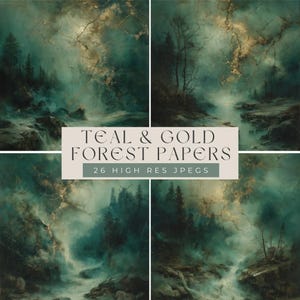 Teal & Gold Forest Papers: Digital Art Backgrounds (26 Piece Collection)